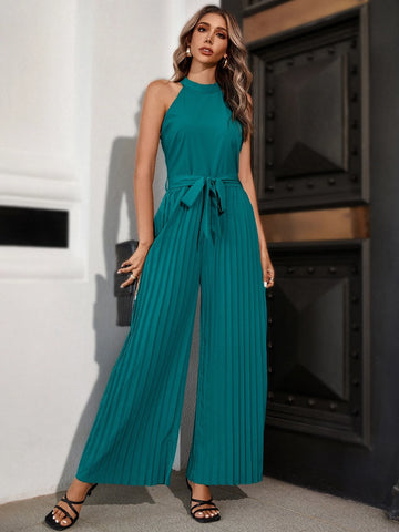 Pleated Wide Leg Belted Halter Jumpsuit