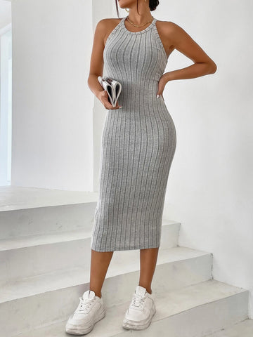Solid Halter Neck Bodycon Dress