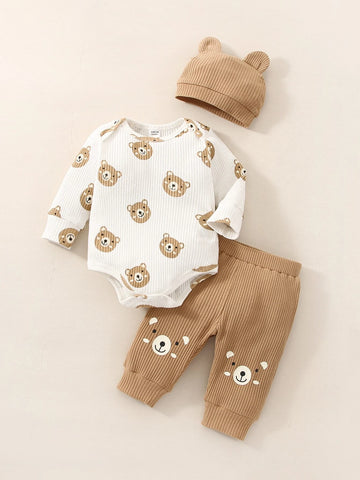 Newborn Baby Cartoon Graphic Bodysuit & Pants & Hat