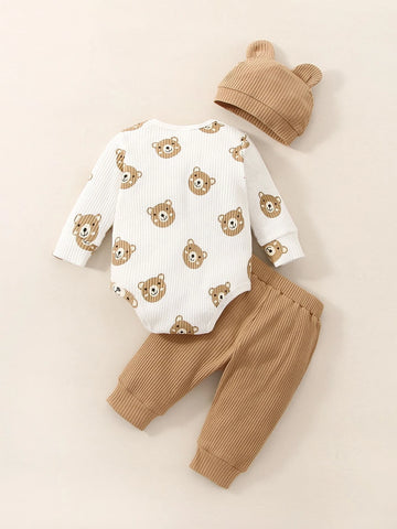 Newborn Baby Cartoon Graphic Bodysuit & Pants & Hat