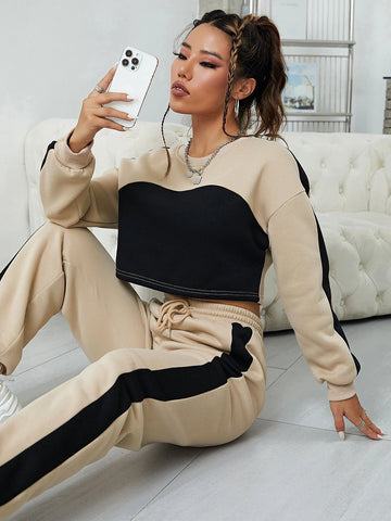 Two Tone Drop Shoulder Thermal Lined Crop Pullover & Drawstring Waist Sweatpants