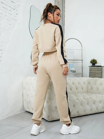 Two Tone Drop Shoulder Thermal Lined Crop Pullover & Drawstring Waist Sweatpants