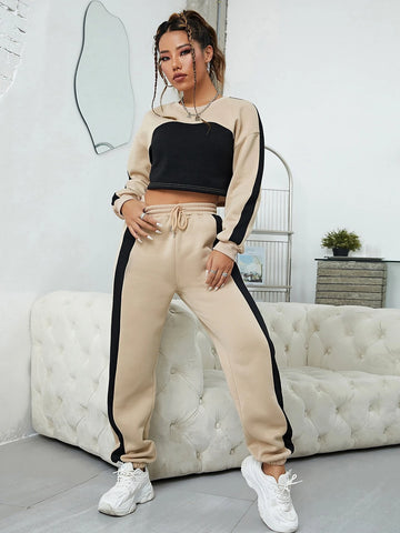 Two Tone Drop Shoulder Thermal Lined Crop Pullover & Drawstring Waist Sweatpants