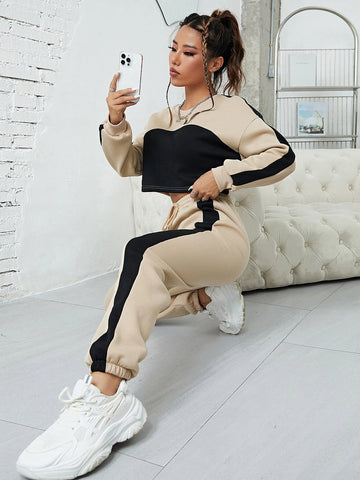 Two Tone Drop Shoulder Thermal Lined Crop Pullover & Drawstring Waist Sweatpants