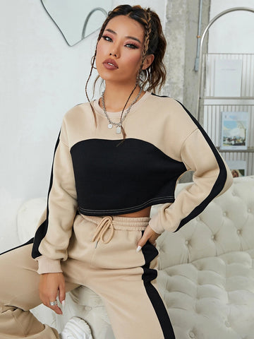 Two Tone Drop Shoulder Thermal Lined Crop Pullover & Drawstring Waist Sweatpants