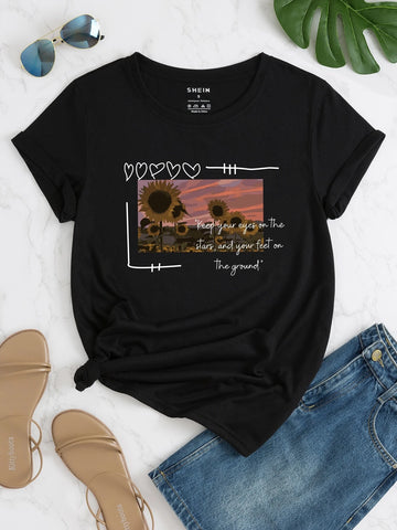 Sunflower And Slogan Graphic Tee