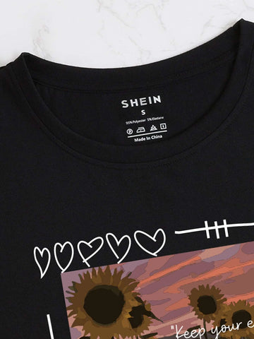 Sunflower And Slogan Graphic Tee