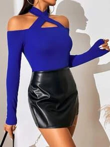 Solid Criss Cross Halter Neck Tee