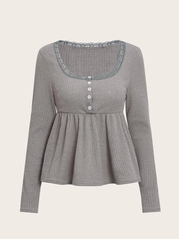 ROMWE STPL Lace Trim Ruffle Hem Tee