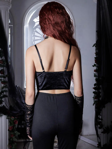 ROMWE Goth Velvet Lace Up Crop Cami
