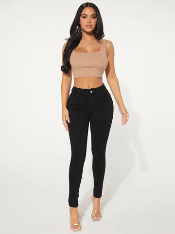 SXY Patched Detail Zip Fly Skinny Jeans