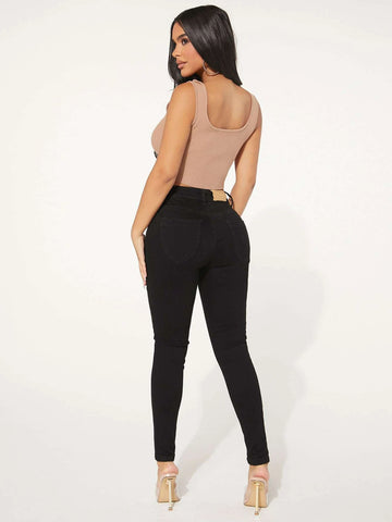 SXY Patched Detail Zip Fly Skinny Jeans