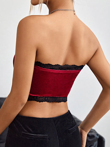 Ruched Bust Contrast Lace Bandana Velvet Top