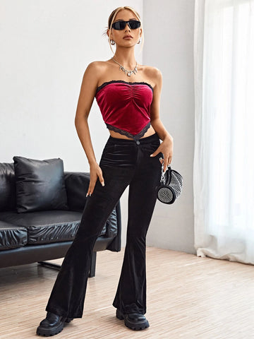 Ruched Bust Contrast Lace Bandana Velvet Top
