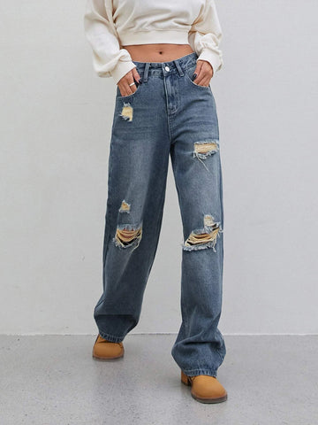 DAZY Cut Out Ripped Frayed Straight Leg Jeans