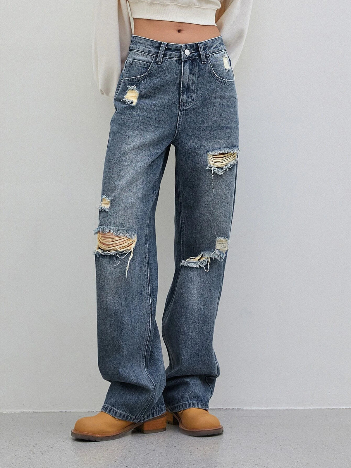 DAZY Cut Out Ripped Frayed Straight Leg Jeans