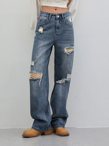 DAZY Cut Out Ripped Frayed Straight Leg Jeans