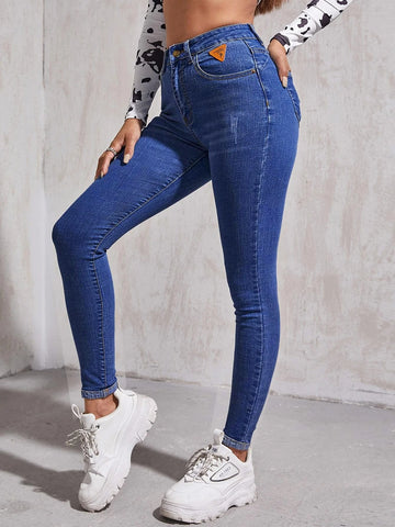 High Waist Patch Detail Skinny Jeans