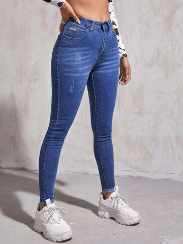 High Waist Patch Detail Skinny Jeans