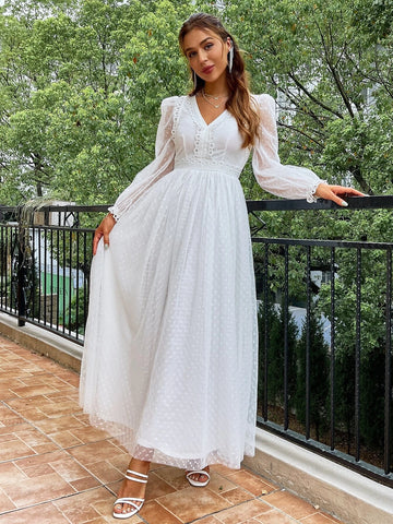 Simplee Lantern Sleeve Swiss Dot Mesh Overlay Dress