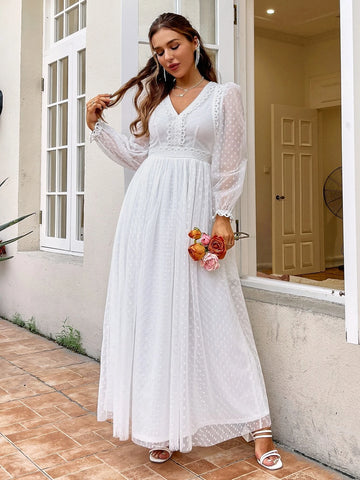 Simplee Lantern Sleeve Swiss Dot Mesh Overlay Dress