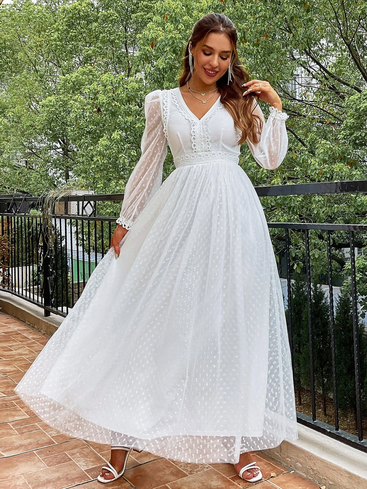 Simplee Lantern Sleeve Swiss Dot Mesh Overlay Dress