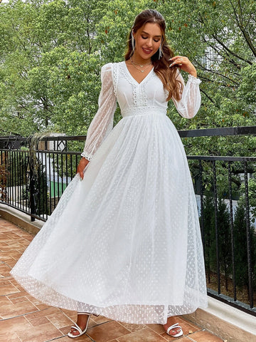 Simplee Lantern Sleeve Swiss Dot Mesh Overlay Dress