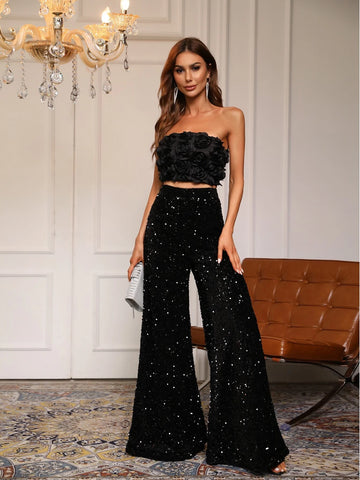 Floral Applique Tube Top & Sequin Wide Leg Pants Set