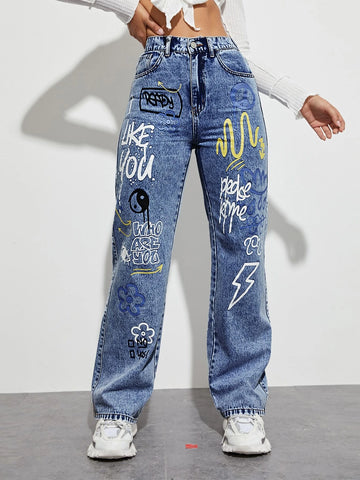 Slogan and Yin & Yang Print Jeans