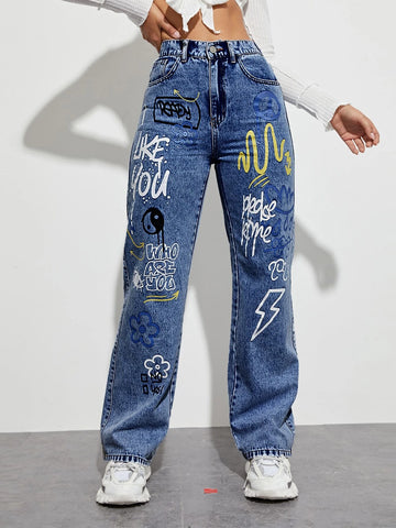 Slogan and Yin & Yang Print Jeans