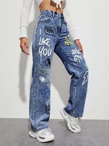 Slogan and Yin & Yang Print Jeans