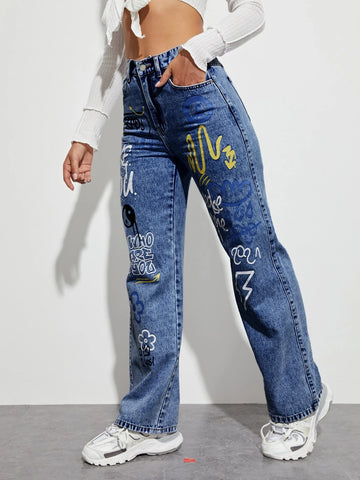Slogan and Yin & Yang Print Jeans