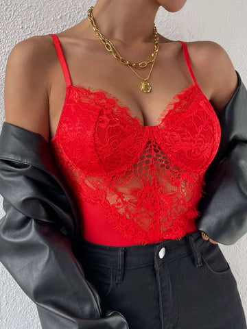 Contrast Mesh Bustier Eyelash Lace Cami Bodysuit