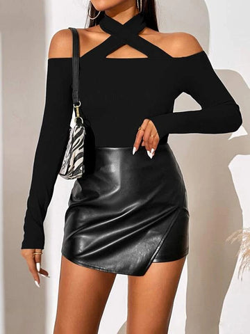 Solid Criss Cross Halter Neck Tee