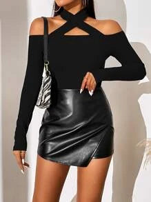 Solid Criss Cross Halter Neck Tee