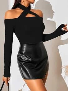 Solid Criss Cross Halter Neck Tee
