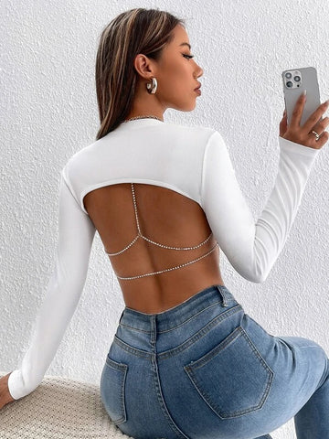 PETITE Rhinestone Detail Backless Crop Tee