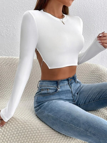 PETITE Rhinestone Detail Backless Crop Tee