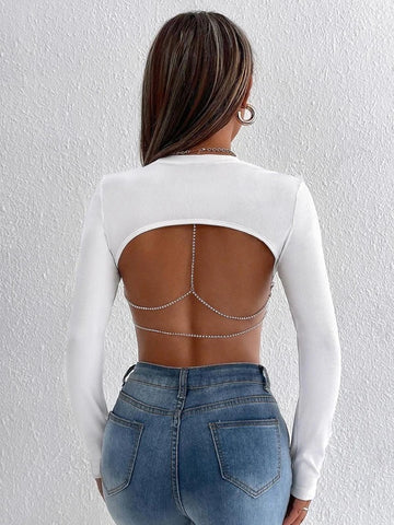 PETITE Rhinestone Detail Backless Crop Tee