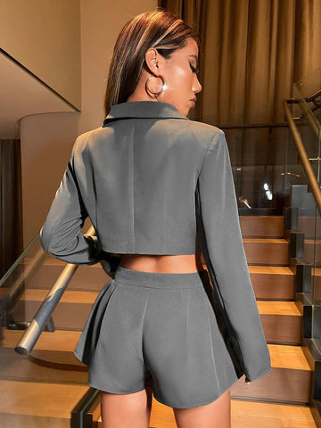 BAE Double Button Crop Blazer & Plicated Detail Shorts