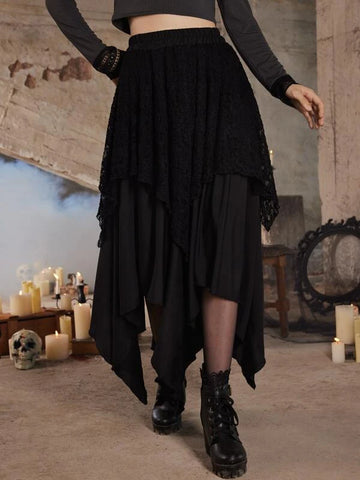 ROMWE Goth Contrast Lace Asymmetrical Skirt