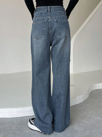 DAZY Ripped Raw Hem Cat's Whisker Washed Wide Leg Jeans