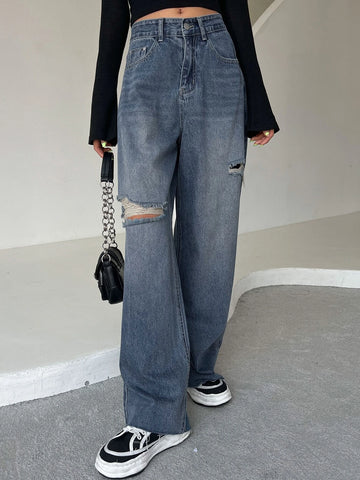 DAZY Ripped Raw Hem Cat's Whisker Washed Wide Leg Jeans
