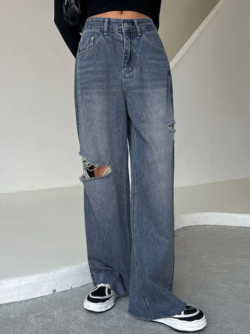 DAZY Ripped Raw Hem Cat's Whisker Washed Wide Leg Jeans