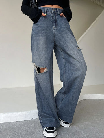 DAZY Ripped Raw Hem Cat's Whisker Washed Wide Leg Jeans