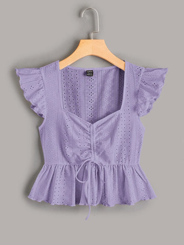 EZwear Butterfly Sleeve Drawstring Peplum Schiffy Blouse