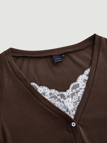 MOD Contrast Lace Button Front Ribbed Tee