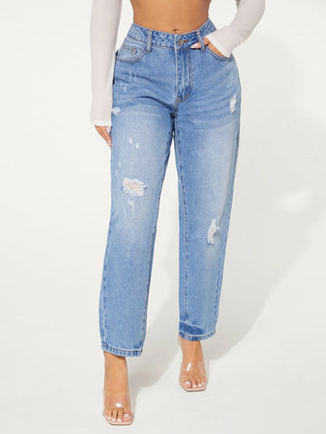 SXY Ripped Frayed Bleach Wash Tapered Jeans