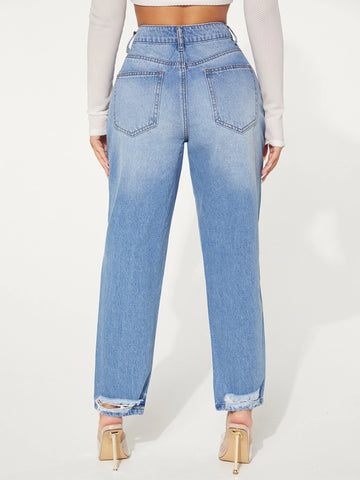 SXY Ripped Frayed Bleach Wash Tapered Jeans