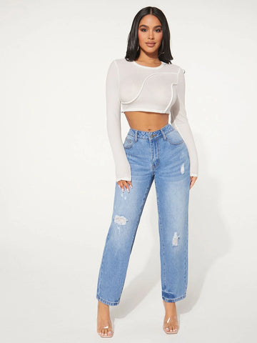 SXY Ripped Frayed Bleach Wash Tapered Jeans